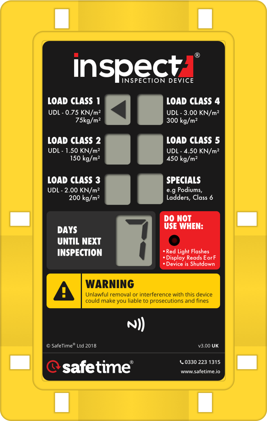 Inspect7® Device, the NFC endabled digital inspection device showing load class options, a countdown display for days until next inspection, and built‑in safety warnings.
