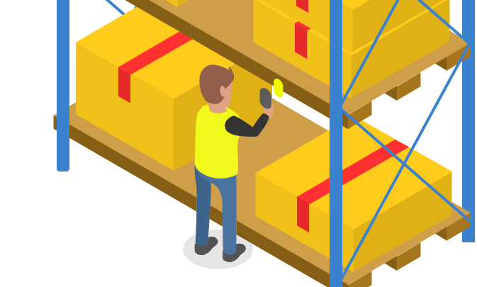 Illustration of a worker in a hi vis scanning a Inspect7® digital inspection device on racking using a mobile device.