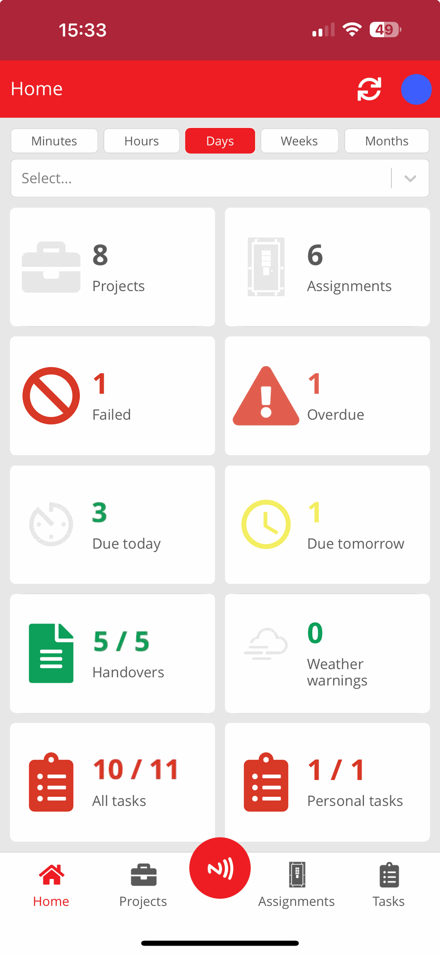 Mobile phone with SafeTime’s Inspect7® mobile app dashboard showing daily account data including project counts, assignments, due tasks, handovers, weather and inspection due alerts.
