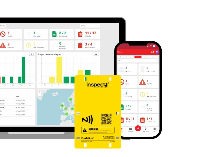 Inspect7® Dashboard interface shown on a laptop and Inspect7® app on a smartphone, displaying inspection statistics, charts, and alerts, alongside a yellow Inspect7®Label device. 