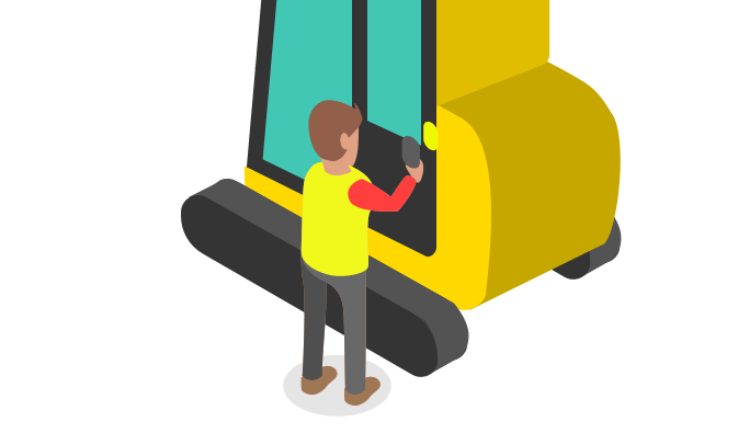 Illustration of a construction worker scanning a plant equipment Inspect7® digital inspection device using a mobile device.