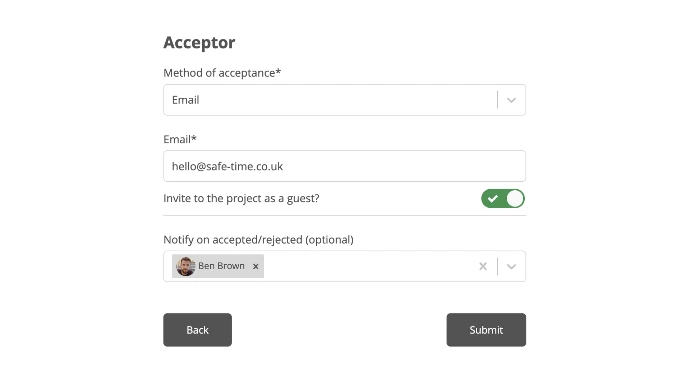 Handover acceptor setup form in Inspect7® showing fields for method of acceptance via email, recipient address hello@safe-time.co.uk, a toggle to invite the user as a guest, and an optional notification field displaying a selected team member, with Back and Submit button