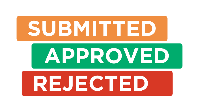 Status labels for handover tracking in Inspect7® showing three stages: Submitted in orange, Approved in green, and Rejected in red.