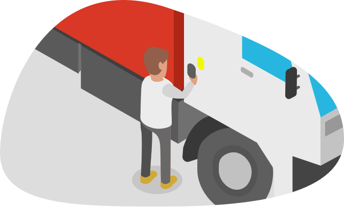 Cartoon of a person scanning an Inspect7® Device on a lorry with a mobile device